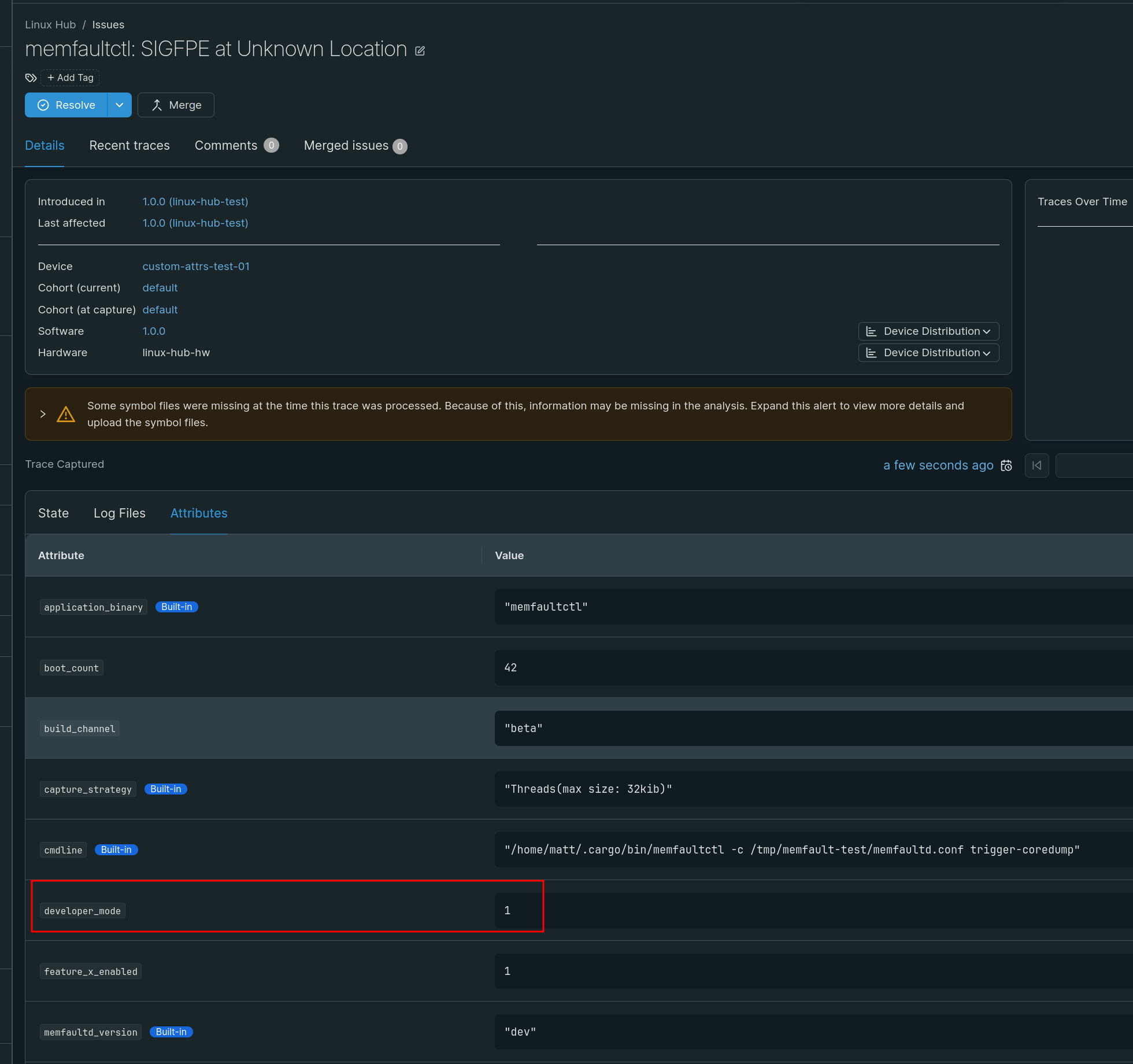 Custom attributes shown on a trace's Attributes tab