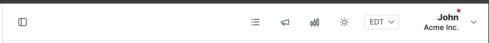 Redesigned top navigation bar with consistent icon sizing and a timezone button showing the selected timezone
