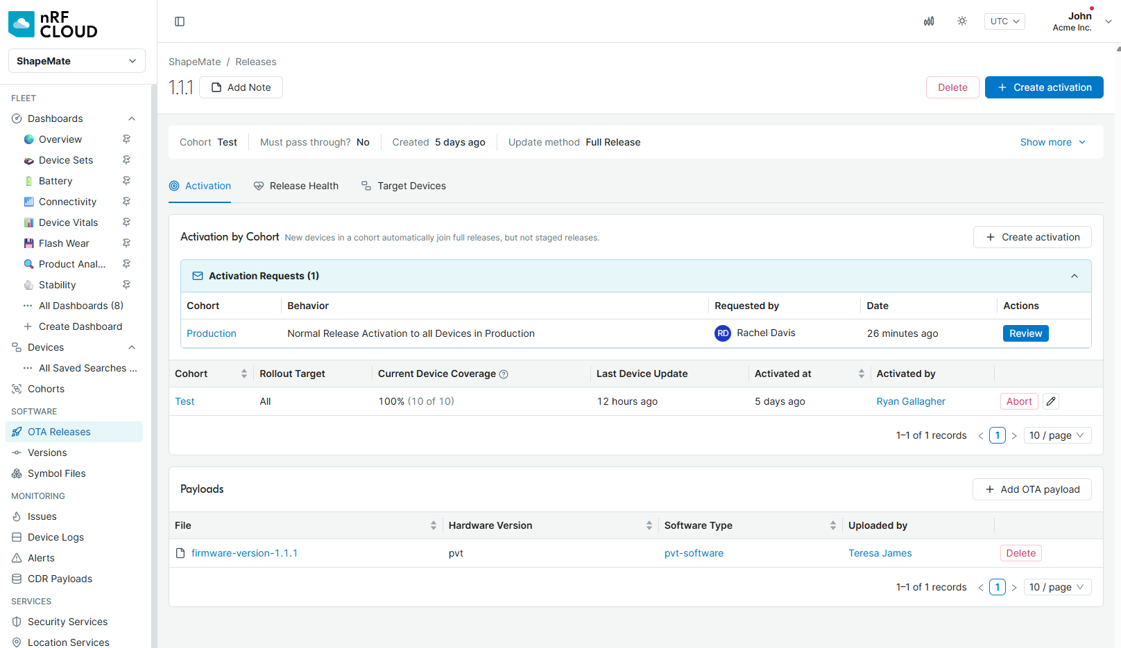 Figure 2: Release Activation tab showing payloads, Activation by Cohort, and pending activation requests